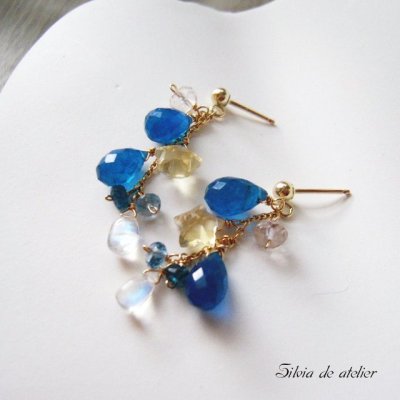 画像1: ☆midnight☆ネオンブルーアパタイトドロップ×シトリンスターカット　14kgfスタッドピアス