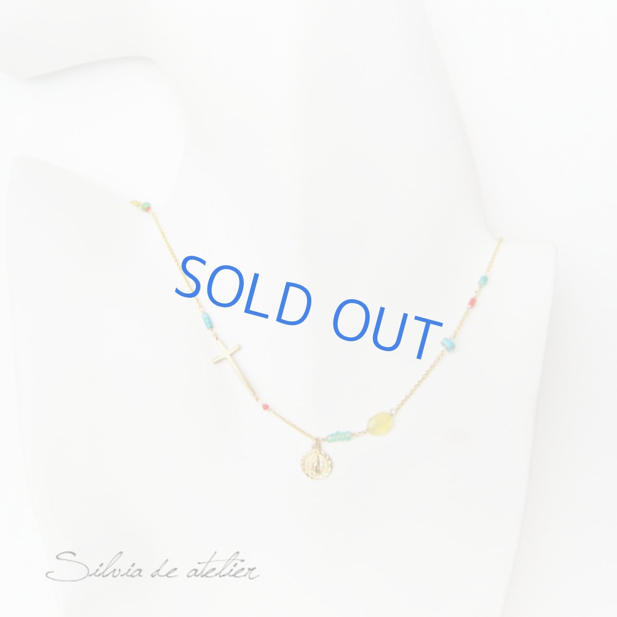 画像3: 南米ロザリオ風 クロスチャーム ターコイズエメラルド14kgfネックレス (3)