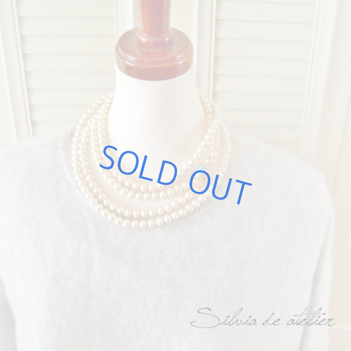 画像5: 【宅配便送料無料】ターコイズスワロフスキービジュー留め具　オフホワイトコットンパール2連　ロングネックレス (5)