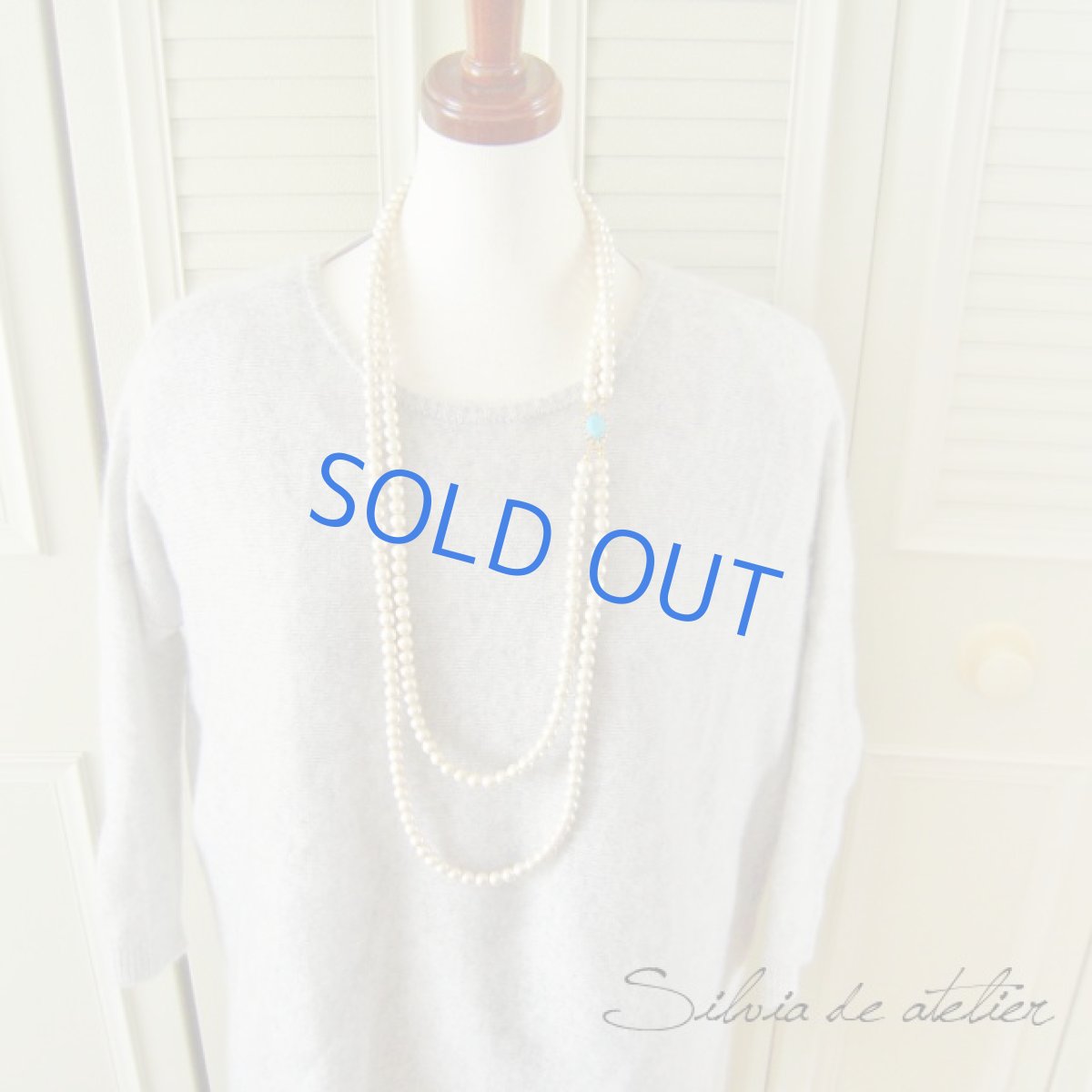 画像3: 【宅配便送料無料】ターコイズスワロフスキービジュー留め具　オフホワイトコットンパール2連　ロングネックレス (3)