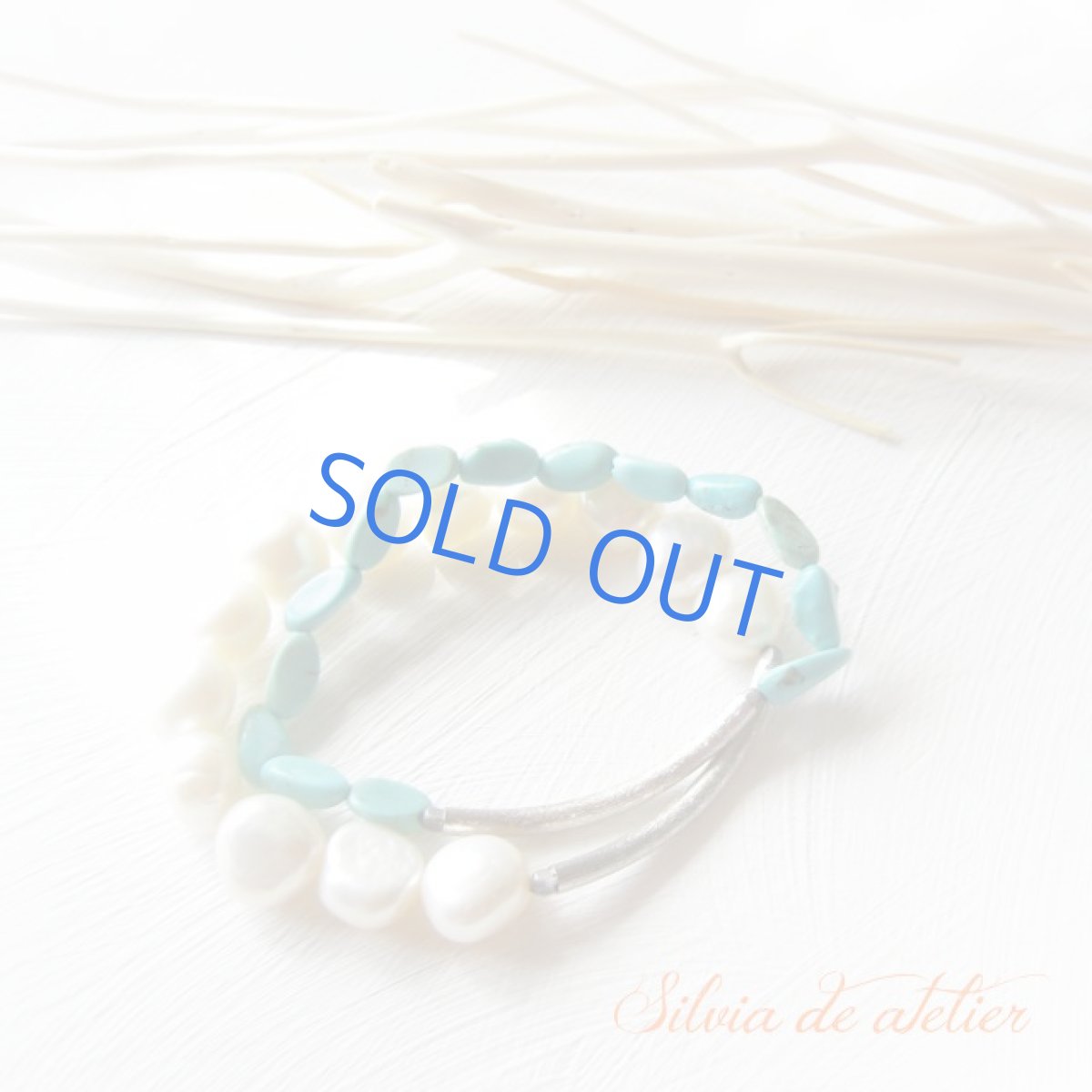 画像2: 天然ターコイズ＆淡水パール　2連　シルバーチューブ　ブレスレット<シルバーパーツ＞ (2)