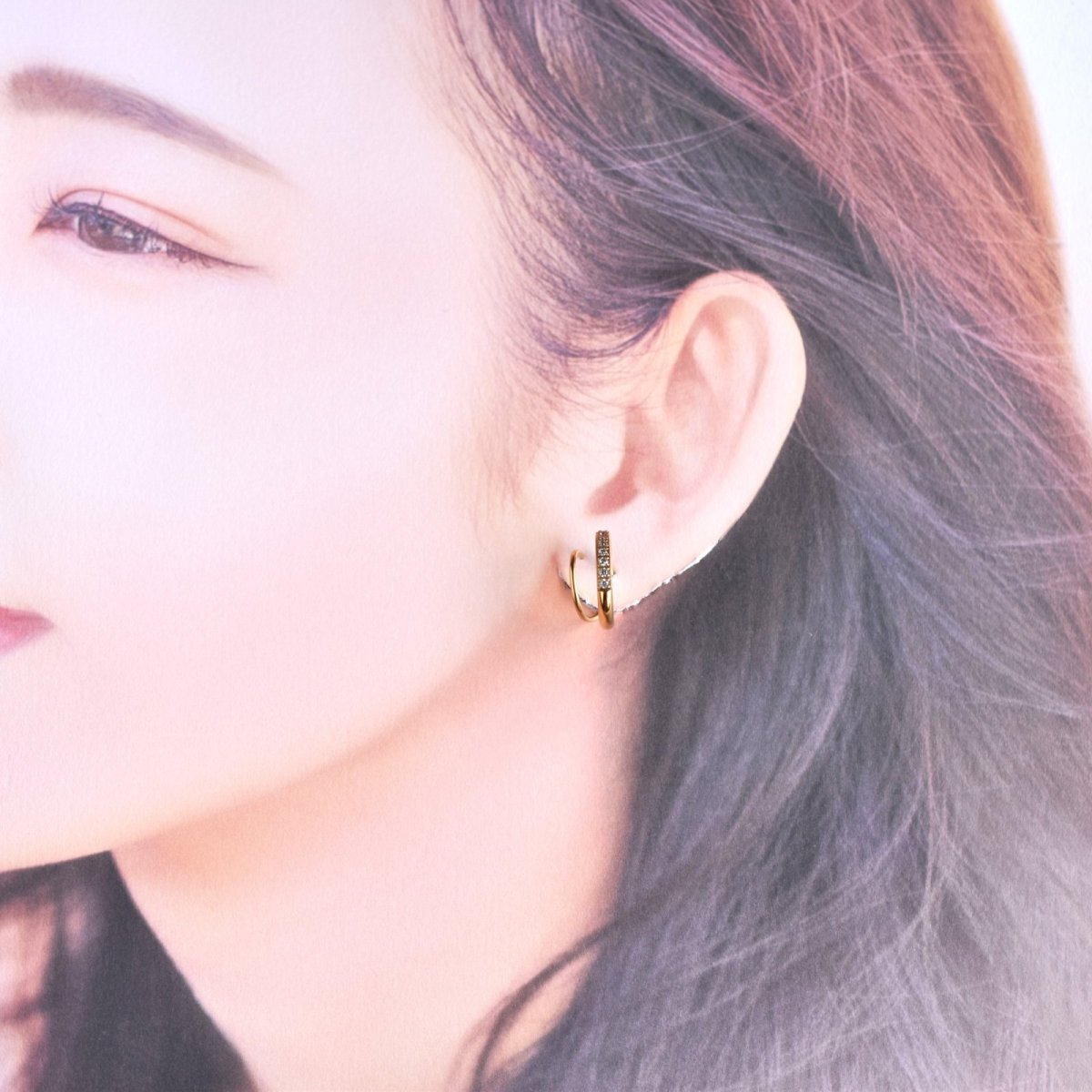 画像10: 残りゴールドのみ【金属アレルギー対応！】2連　重ね付け風　ジルコニア付　カールフープピアス　サージカルステンレス  (10)