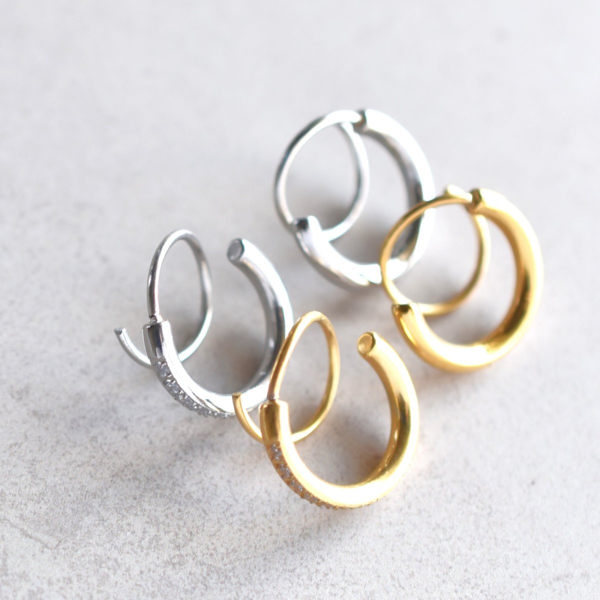 画像5: 残りゴールドのみ【金属アレルギー対応！】2連　重ね付け風　ジルコニア付　カールフープピアス　サージカルステンレス  (5)