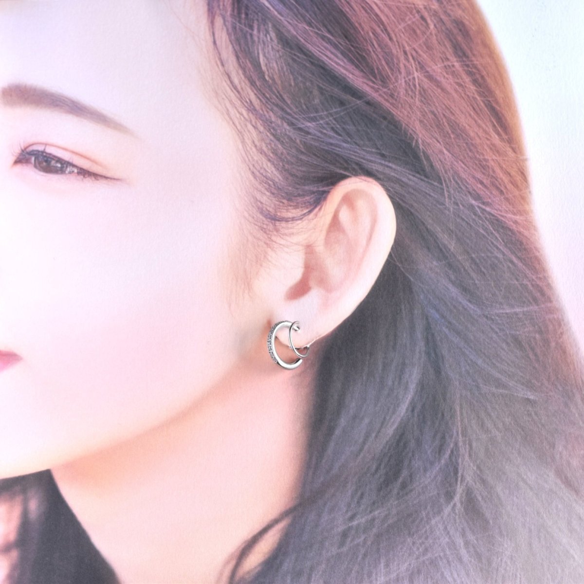 画像9: 残りゴールドのみ【金属アレルギー対応！】2連　重ね付け風　ジルコニア付　カールフープピアス　サージカルステンレス  (9)