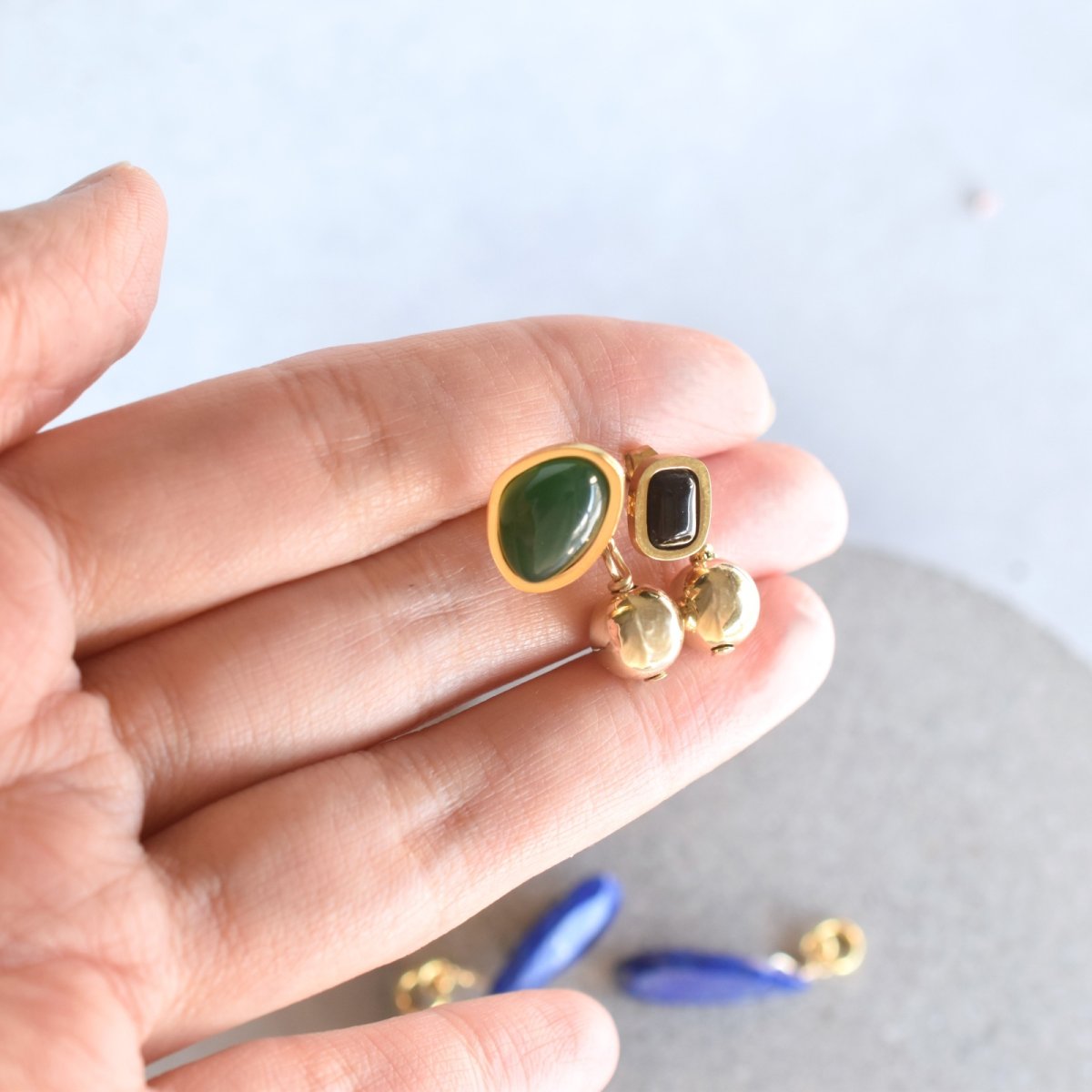 画像5:  秋の新作【金属アレルギー対応】3WAY アシンメトリー カボション & ストーンチャーム サージカルステンレス ピアス  (5)