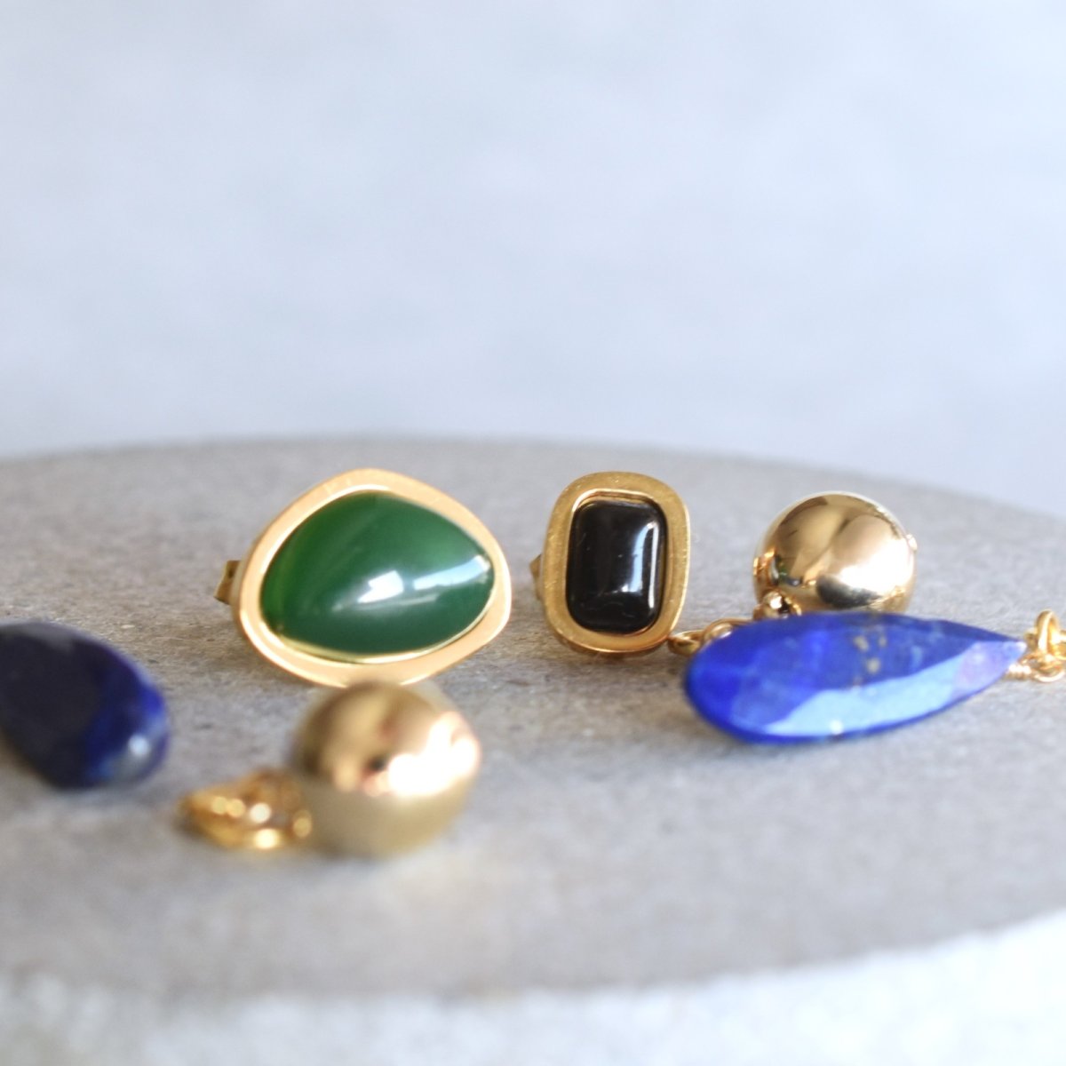 画像6:  秋の新作【金属アレルギー対応】3WAY アシンメトリー カボション & ストーンチャーム サージカルステンレス ピアス  (6)