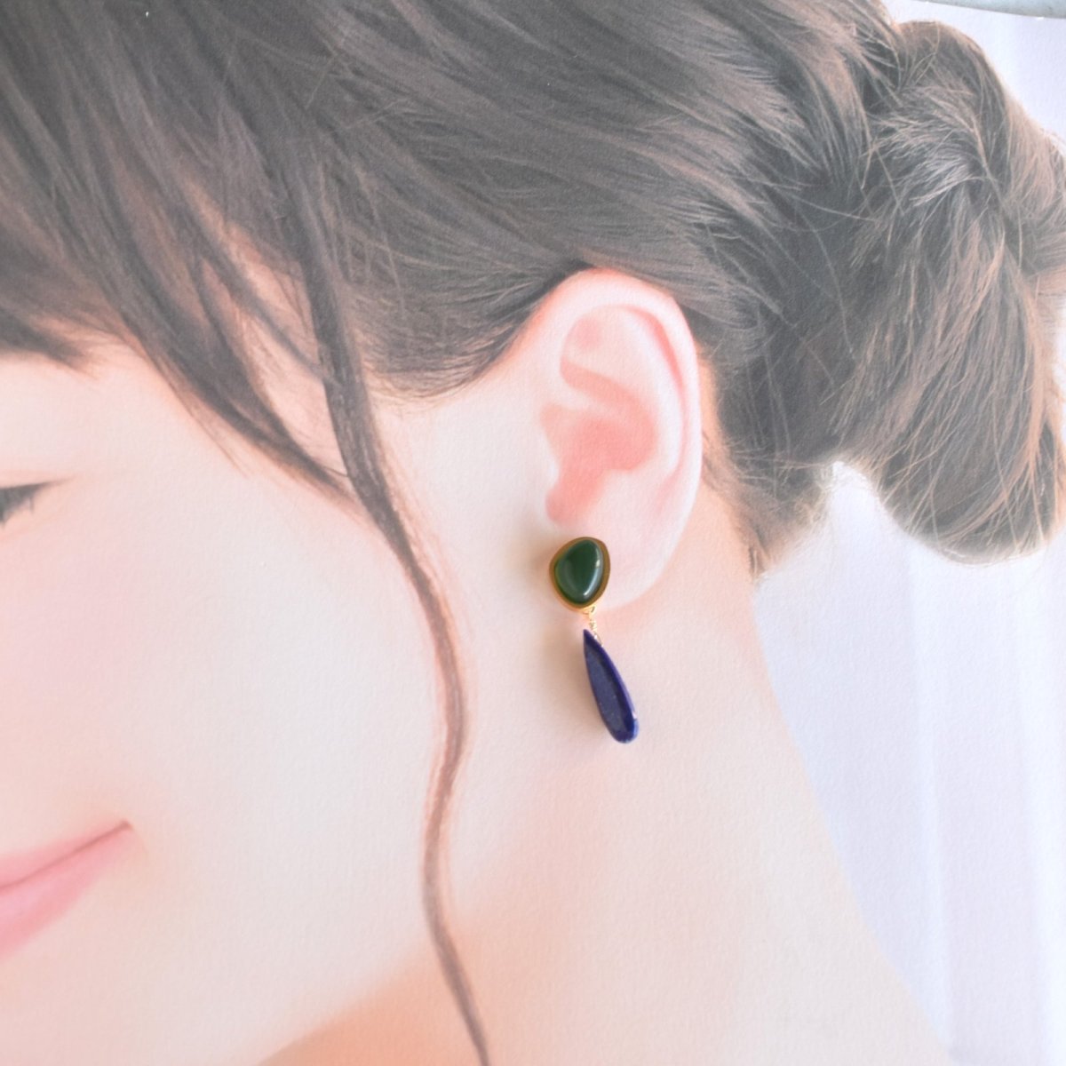 画像8:  秋の新作【金属アレルギー対応】3WAY アシンメトリー カボション & ストーンチャーム サージカルステンレス ピアス  (8)