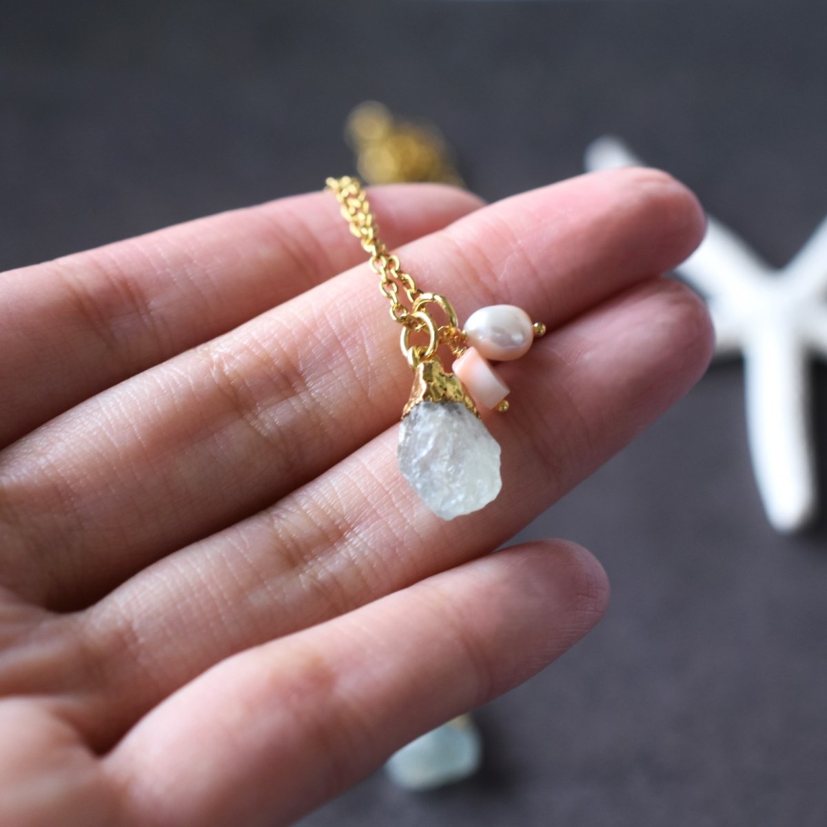 画像11: Creema特集掲載【選べる】原石　アクアマリン　天然ピンクコーラル&淡水パール付き　サージカルステンレス　40cmネックレス  (11)