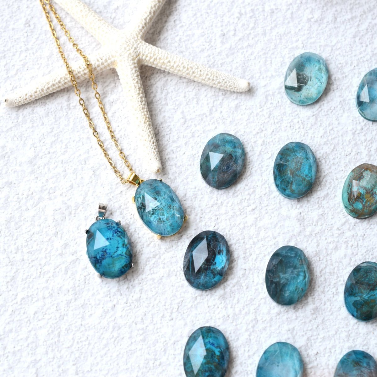 画像9: 夏の新作【ワケありな逸品】超大粒　南の島　クリソコラ　クリスタル　カボション　ネックレス（サージカルステンレス）50cm  (9)