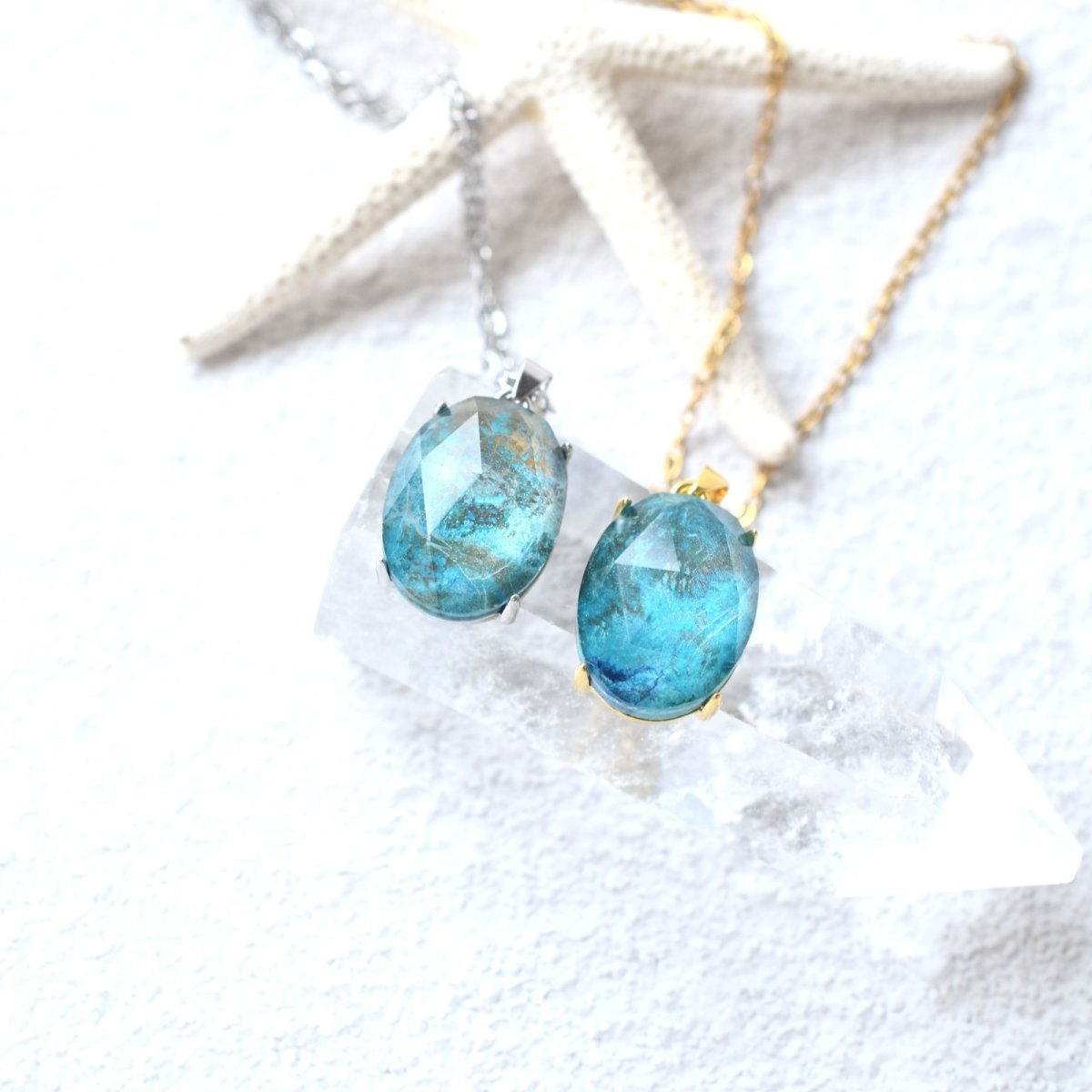 画像5: Creema特集掲載【ハワイブルー】超大粒　南の島　クリソコラ　クリスタル　カボション　ネックレス（サージカルステンレス）50cm  (5)