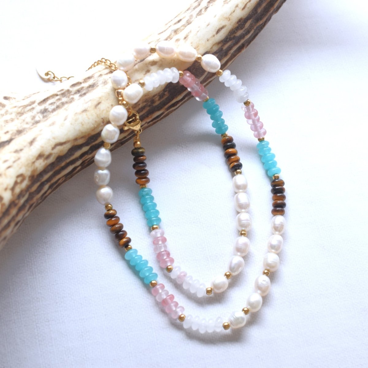 画像4: 夏の新作【汗をかく季節に♪】淡水パール　アマゾナイト　ショートネックレス　約41+5cm　サージカルステンレス金具  (4)