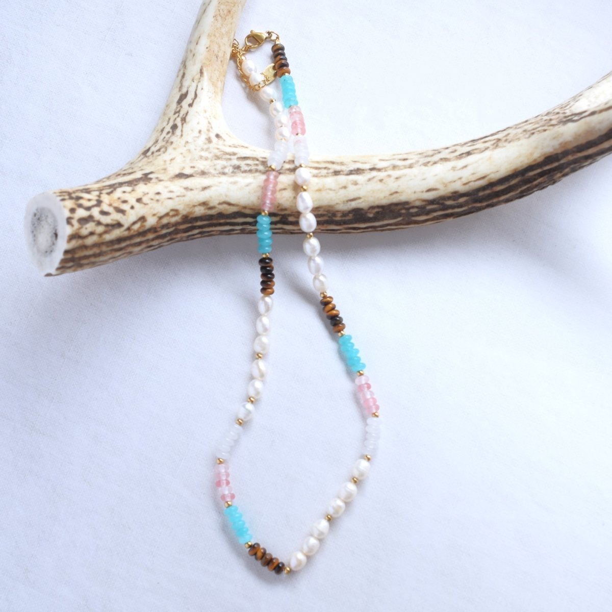 画像5: 夏の新作【汗をかく季節に♪】淡水パール　アマゾナイト　ショートネックレス　約41+5cm　サージカルステンレス金具  (5)