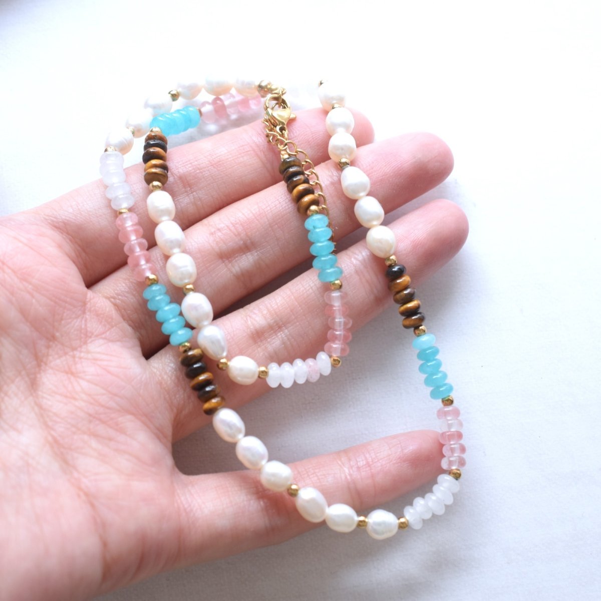 画像6: 夏の新作【汗をかく季節に♪】淡水パール　アマゾナイト　ショートネックレス　約41+5cm　サージカルステンレス金具  (6)