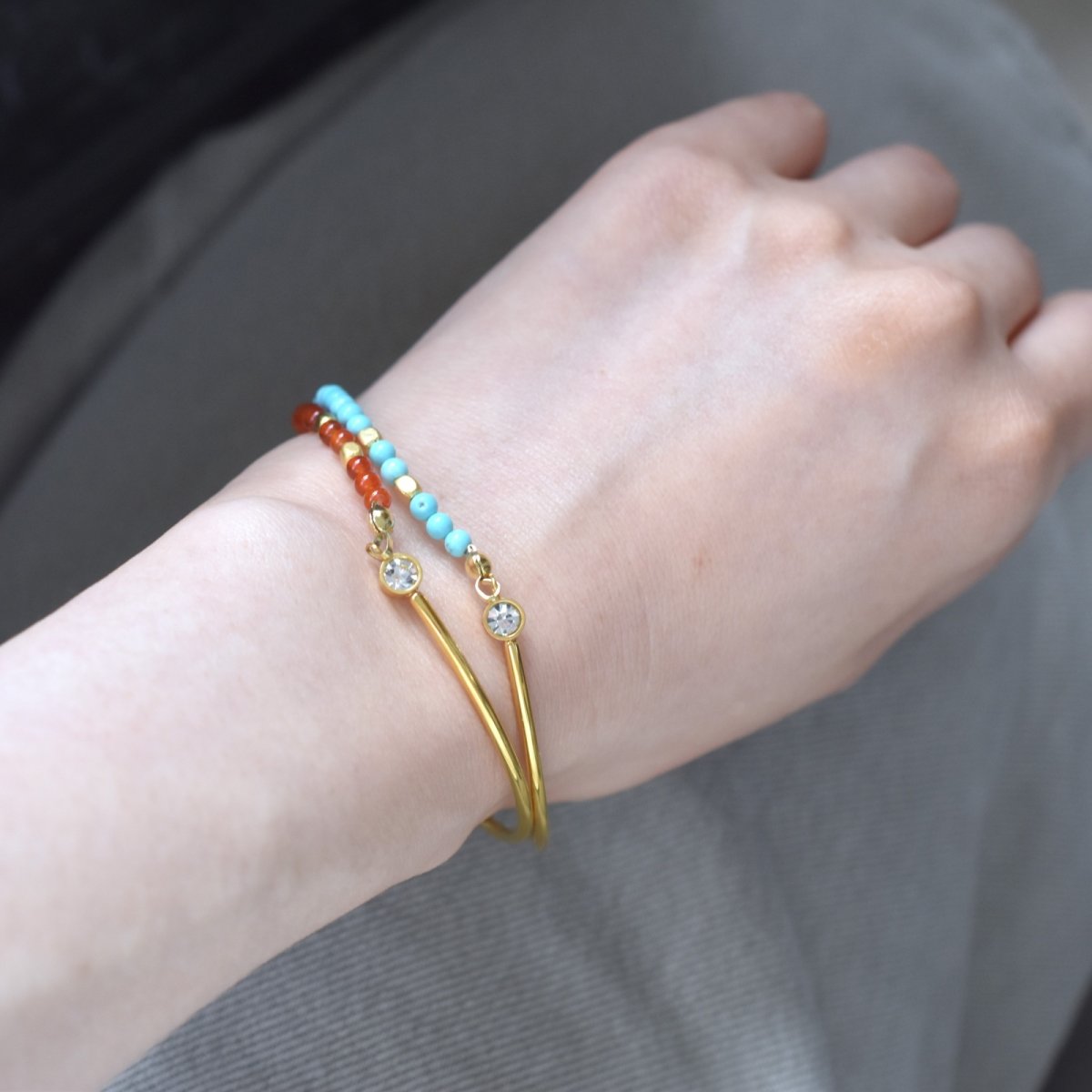 画像15: 夏の新作【汗のかく季節に!長さ選べる】天然石 サージカルステンレス製 ジルコニア バングル ブレスレット (15)