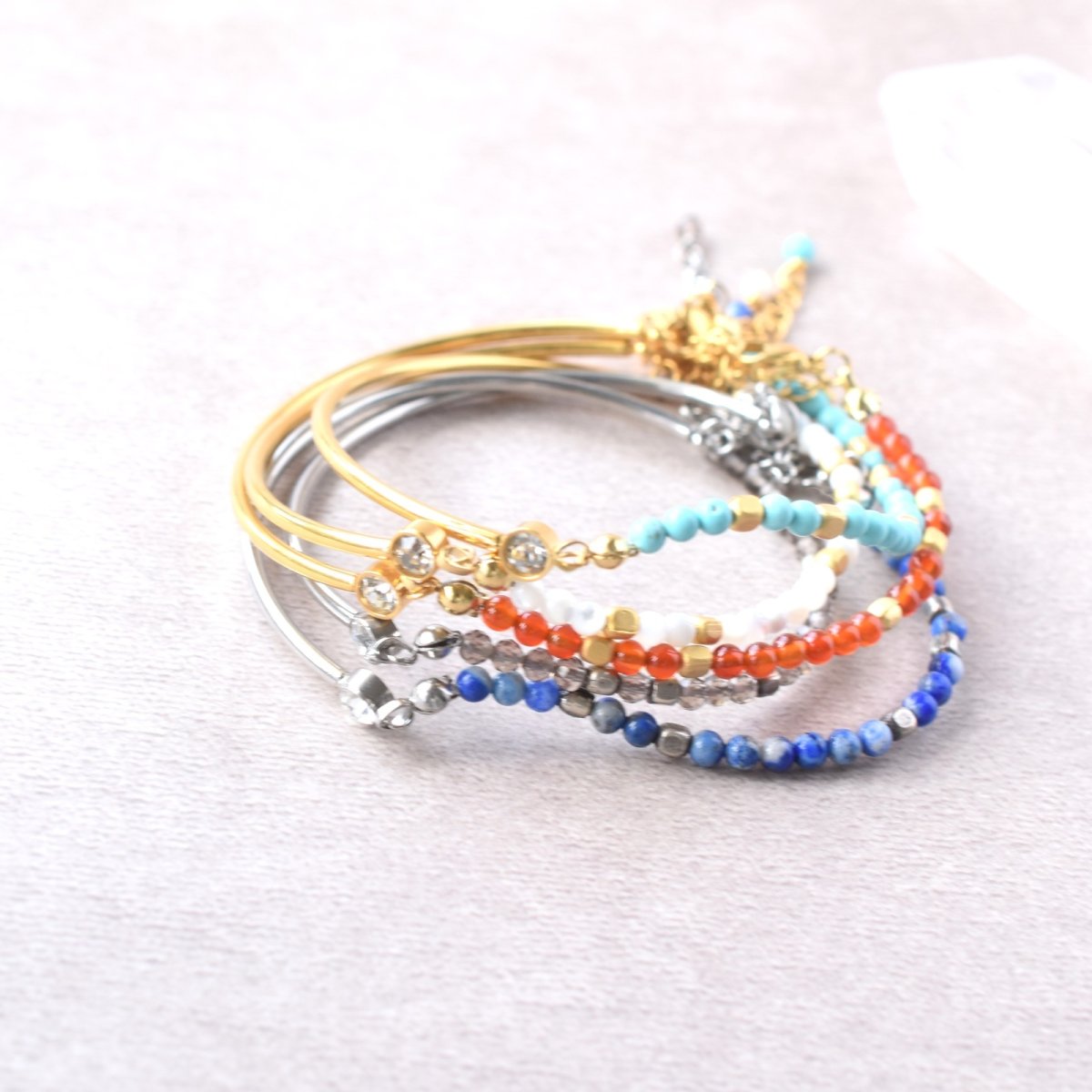 画像2: 夏の新作【汗のかく季節に!長さ選べる】天然石 サージカルステンレス製 ジルコニア バングル ブレスレット (2)