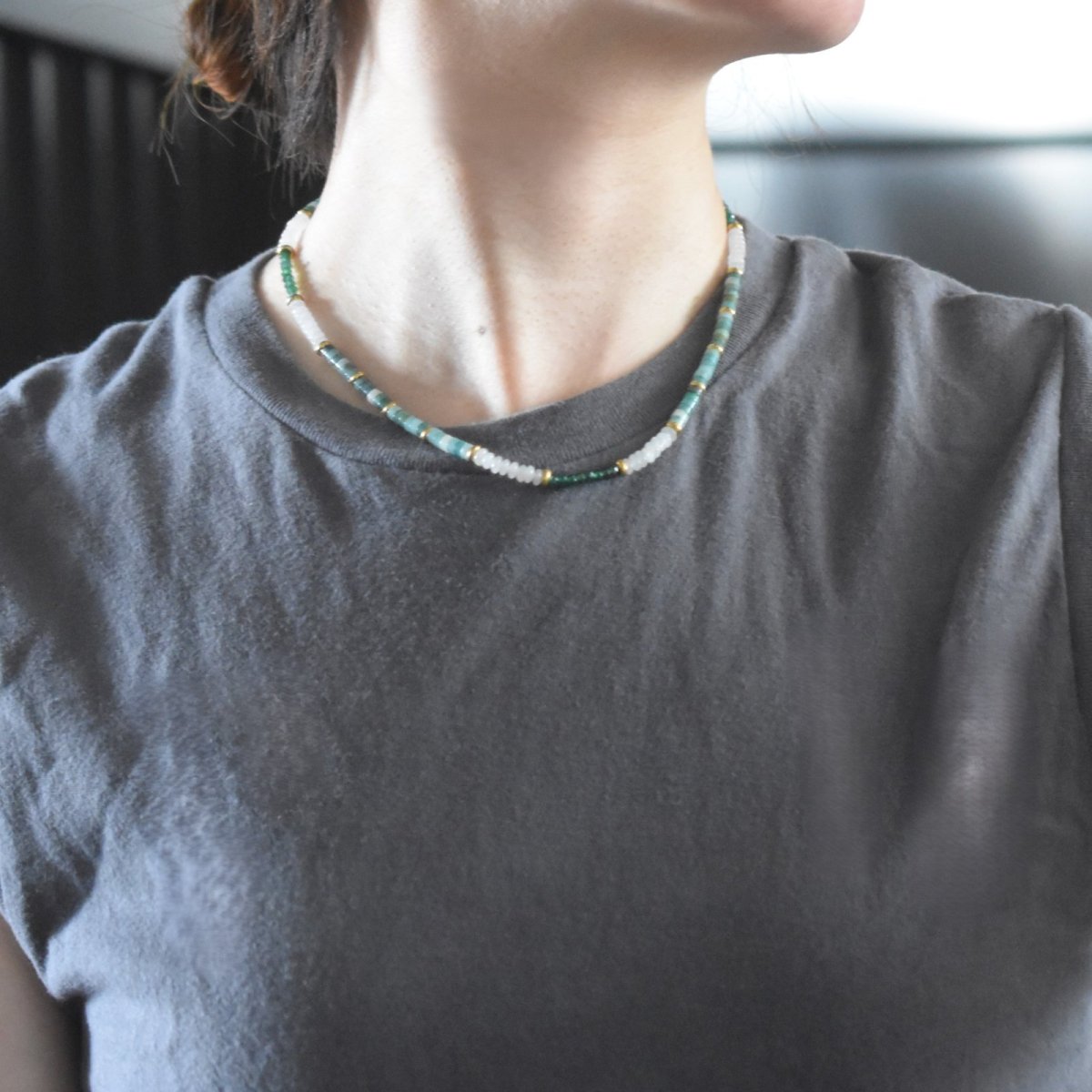 画像4: 夏の新作【汗をかく季節に♪】グリーンクォーツ　ショートネックレス　約42+5cm　サージカルステンレス金具  (4)