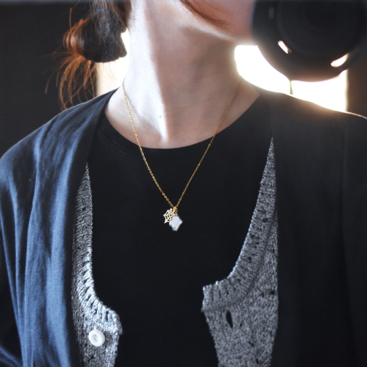 画像8: 秋の新作【数量限定】ハロウィン　お化け　淡水パール　と　クモの巣　サージカルステンレスネックレス  (8)