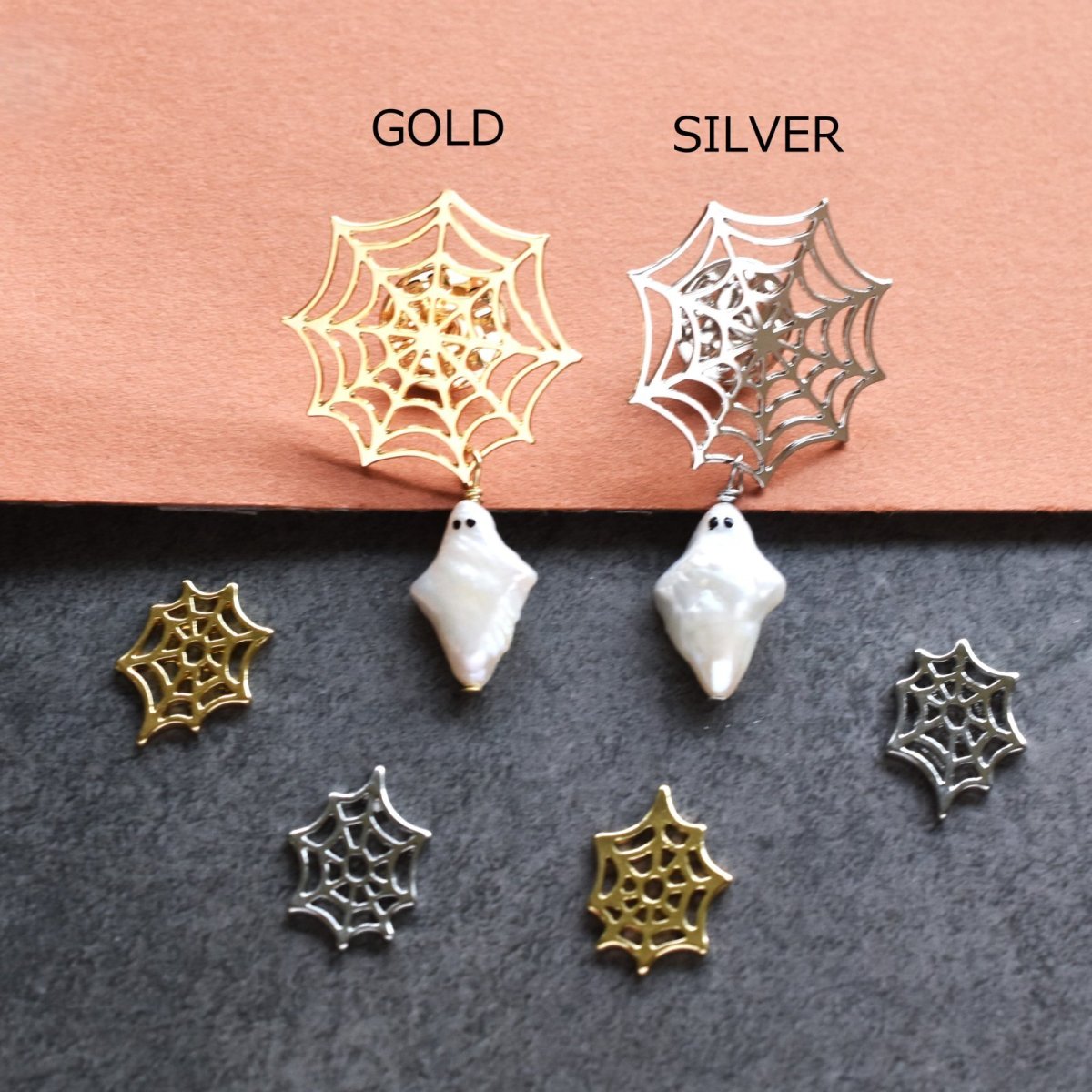 画像2: 秋の新作【数量限定】ハロウィン　お化け　淡水パール　と　クモの巣　ブローチ・ピン (2)