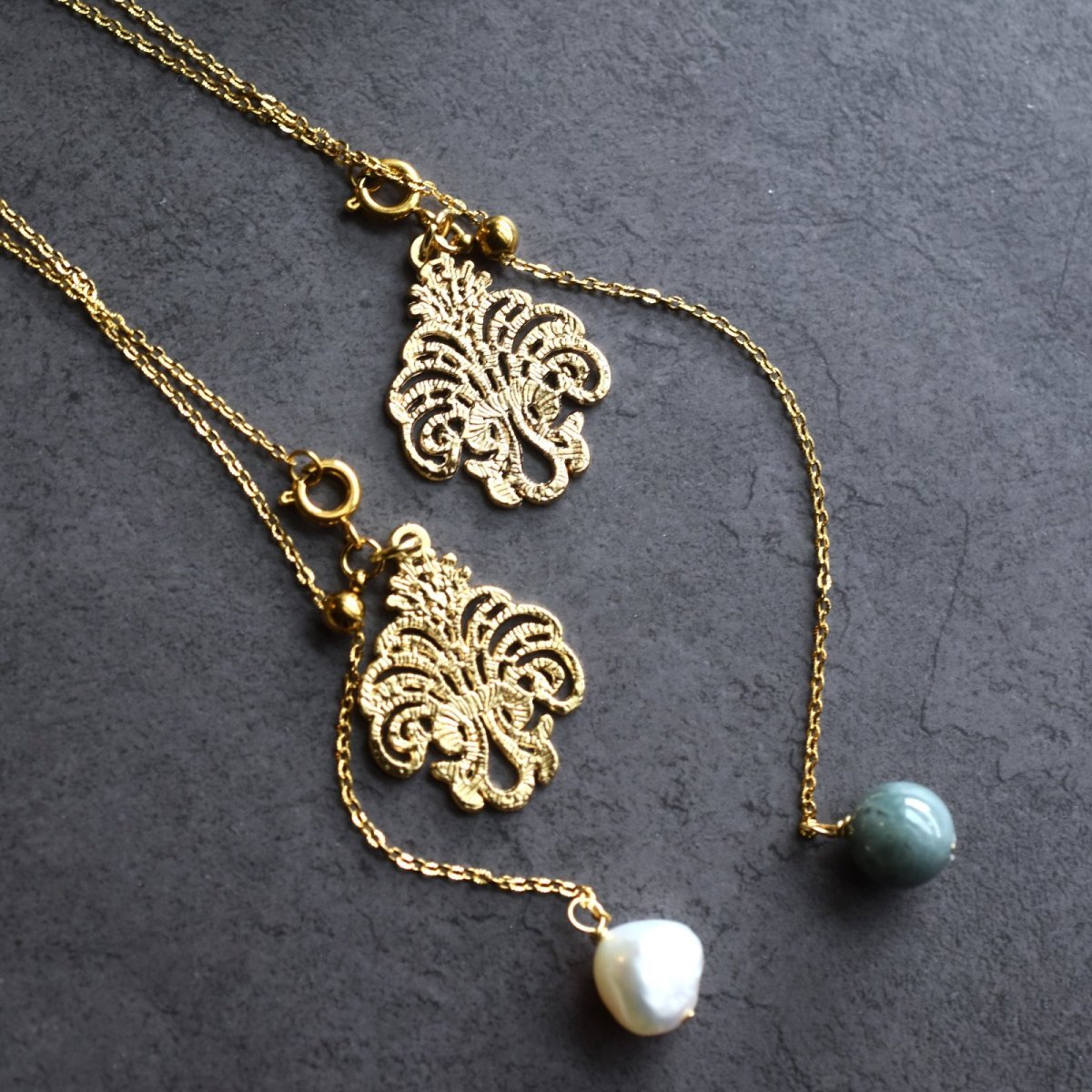 画像1: ゴールド追加！【選べる】シャンデリアレース　スライド式　翡翠・モリオン　２WAY　サージカルステンレスネックレス60cm    (1)