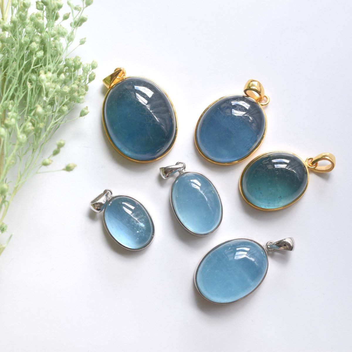 画像1:  春の新作【選べる】大粒！　サンタマリアカラー　アクアマリン　カボションペンダント　サージカルステンレスネックレス60cm　  (1)