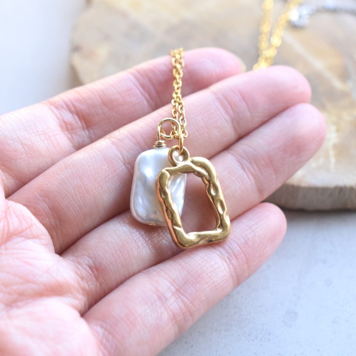 画像6:  春の新作【選べる】シンプル♪　淡水パール＆チャーム　長方形　サージカルステンレスネックレス  (6)