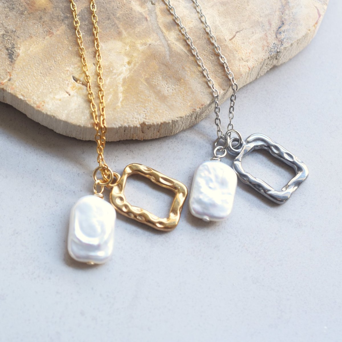 画像2:  春の新作【選べる】シンプル♪　淡水パール＆チャーム　長方形　サージカルステンレスネックレス  (2)